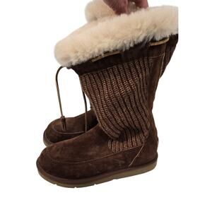 UGG Australia 5124 Brown Suede Crocheted Shearling Fur Sweater Boots Loungewear